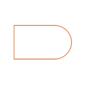 An orange, thinly outlined shape on a white background resembling a semicircle attached to a rectangle on its longer side.