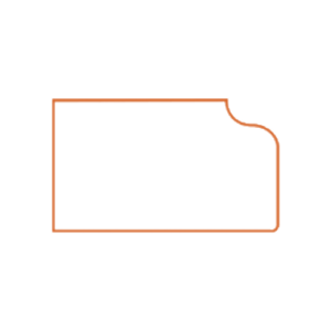 A rectangular shape with a rounded cutout on the upper right corner, outlined in orange on a white background.