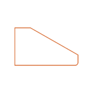 An orange outlined shape on a white background resembles a simplified Lego brick. It has two straight edges, one vertical and one angled, with a rounded short horizontal edge connecting them at the top.