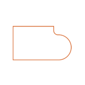 A simple geometric shape with a straight top and left side, a rounded bottom right corner, and an open right side, outlined in orange against a white background.