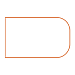 A geometric shape with a gradient fill, featuring a rectangle with rounded edges on the right side and a triangular section on the left, all outlined with an orange border.