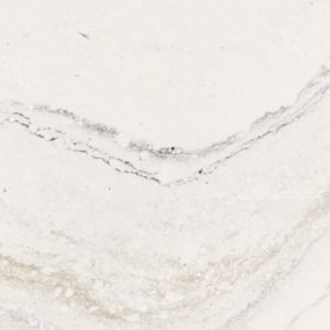 Close-up of a smooth marble surface with a white background. It features curving gray and beige veins creating abstract patterns throughout. The texture is polished and natural, accentuating the elegant, timeless qualities of the stone.