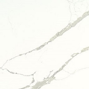 White marble surface with light gray veins running diagonally across the image. The veins create an elegant and natural pattern, adding a touch of sophistication to the smooth and glossy texture.