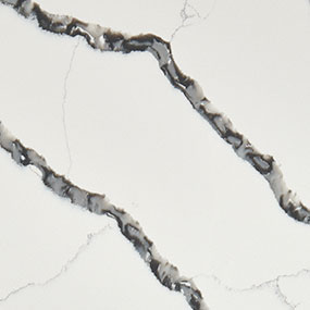 Close-up of a marble surface featuring a white background with bold, dark gray veining, creating an elegant and natural pattern.