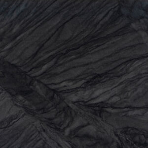 Close-up of a dark gray marble surface with wavy, organic black and charcoal veins running diagonally across. The texture is smooth, showcasing a natural, elegant pattern typical of marble stone.