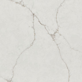 A close-up of a light grey marble surface with thin, irregular veins running across it. The texture is smooth with subtle variations in shade, showcasing a natural stone pattern.