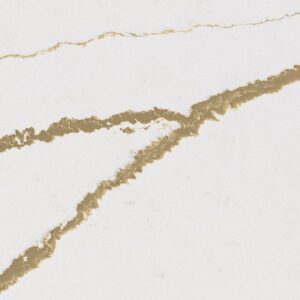 A close-up of a marble surface with a white background features striking brown and gold veins running diagonally across. The intricate patterns create a natural and elegant appearance.