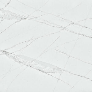 White marble surface with thin, gray veins creating an intricate, intersecting pattern. The texture appears smooth and polished, highlighting the natural elegance and subtlety of the stones veining.